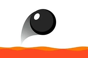 黒いボールが白い背景に浮かび、下部にはオレンジの波模様があるイラスト。