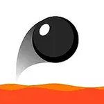 黒いボールが白い背景に浮かび、下部にはオレンジの波模様があるイラスト。