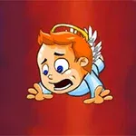 翼と光輪を持つキャラクターが驚いた表情で空を飛んでいる様子。
