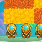 海底の背景に、3体の小さな宇宙服を着たキャラクターと、黄色とオレンジ色のブロックが描かれたイラスト。