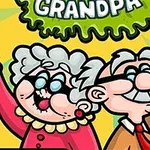陽気な表情の老夫婦がフォークとナイフを持っているイラスト。