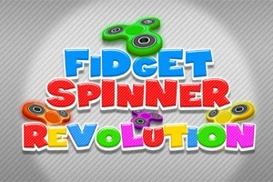 カラフルな文字で「FIDGET SPINNER REVOLUTION」と書かれており、周囲に様々な色のフィジェットスピナーが描かれている。