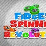 カラフルな文字で「FIDGET SPINNER REVOLUTION」と書かれており、周囲に様々な色のフィジェットスピナーが描かれている。