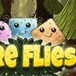 森の背景に、かわいらしい顔の付いた紫、青、オレンジの三つのキャラクターと「FIRE FLIES」という文字が描かれている。