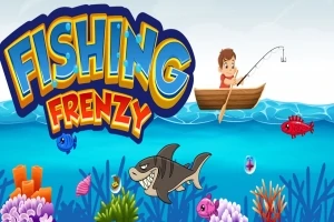 釣りをしている男の子とカラフルな魚たち、サメ、そして背景に海底のサンゴが描かれているイラスト。