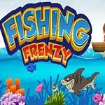 釣りをしている男の子とカラフルな魚たち、サメ、そして背景に海底のサンゴが描かれているイラスト。