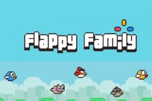 青空を背景に「Flappy Family」の文字と、様々な色の鳥やキャラクターが並んでいる。