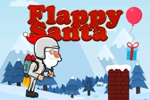 サンタの帽子をかぶった白髭のキャラクターがジェットパックを背負い、雪景色の中でレンガの壁とプレゼント付きの風船に向かって飛んでいるイラスト。