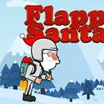 サンタの帽子をかぶった白髭のキャラクターがジェットパックを背負い、雪景色の中でレンガの壁とプレゼント付きの風船に向かって飛んでいるイラスト。