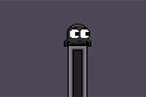灰色の背景に、黒い大きな目を持つ小さな黒いキャラクターが細い柱の上にいる。