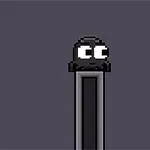 灰色の背景に、黒い大きな目を持つ小さな黒いキャラクターが細い柱の上にいる。