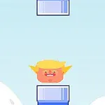 金髪のキャラクターが障害物の間を飛んでいるイラスト。