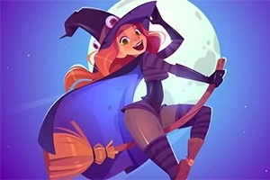ほうきに乗った魔女が満月を背景に飛んでいるイラスト。