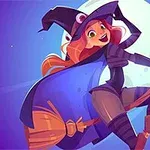 ほうきに乗った魔女が満月を背景に飛んでいるイラスト。