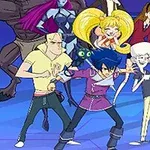 青い髪のキャラクターを中心に、多様な雰囲気を持つ複数のキャラクターがポーズを取っている。