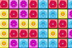 カラフルな背景に異なる形の青い花、赤いバラ、黄色い笑顔のアイコンが並んでいる。