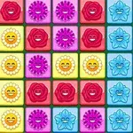 カラフルな背景に異なる形の青い花、赤いバラ、黄色い笑顔のアイコンが並んでいる。