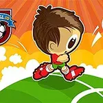 サッカーボールを蹴ろうとしている赤いユニフォームのキャラクターのイラスト。