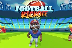 青いヘルメットとユニフォームを着たアメフト選手がスタジアムに立っている。