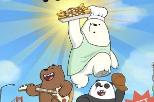 3匹のクマが空を背景にしてジャンプしているイラストで、白いクマは皿を持ち、茶色いクマはピザを、パンダは帽子を持っている。