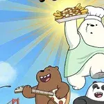 3匹のクマが空を背景にしてジャンプしているイラストで、白いクマは皿を持ち、茶色いクマはピザを、パンダは帽子を持っている。