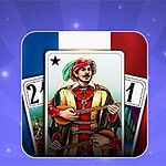 フランス国旗を背景に、音楽家のイラストが描かれたカードと数字カードが配置された画像。