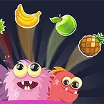 3匹のカラフルなモンスターとそれぞれの上にあるフルーツのイラスト。