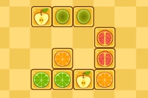 黄色のチェッカーボード上に果物が描かれたブロックが並んでいる。