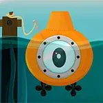 オレンジ色の潜水艇が水中に浮かんでいる。
