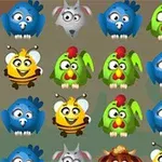 青い鳥、緑のニワトリ、黄色いミツバチ、灰色のオオカミが並んでいるカラフルな動物のイラスト。