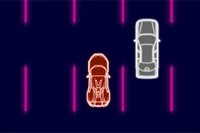 Drive a car at top speed on a highway lit up by neon lights