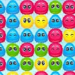 カラフルな顔をしたふわふわした丸いキャラクターが、青、赤、緑、黄色の順に並んでいる。