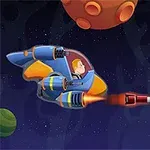宇宙空間で青とオレンジの宇宙船が赤い弾丸を撃ち、右側の緑のキャラクターが操縦する紫の宇宙船と対峙している。