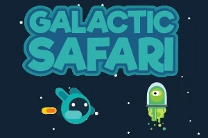 青い背景に「GALACTIC SAFARI」という大きな文字と、右に宇宙船に乗った緑色の生物、左に青いキャラクターが描かれています。