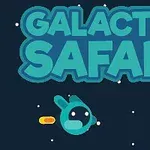 青い背景に「GALACTIC SAFARI」という大きな文字と、右に宇宙船に乗った緑色の生物、左に青いキャラクターが描かれています。