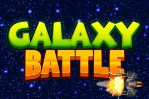 星空を背景に、緑とオレンジ色の立体的な文字で「GALAXY BATTLE」と描かれ、右下には爆発と宇宙船のイラストがある。
