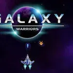 紫色の宇宙空間を背景に、中央上部に大きく「GALAXY WARRIORS」の文字があり、その下に宇宙船が配置されている。