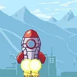 赤と白のロケットが、雪山を背景にして発射している。
