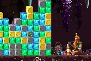 色とりどりのブロックが積み重なった壁と、右側に座っている鍛冶屋のキャラクター。