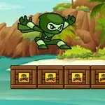 緑色の忍者キャラクターが木箱の上をジャンプしている熱帯の風景。