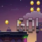 ホットドッグのキャラクターが夜の都市の背景で硬貨を集めるシーン。