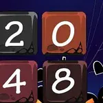 黒と赤の数字のブロック「2」「0」「4」「8」が並び、バックグラウンドに墓石とクモの巣が見えるハロウィーン風のデザイン。