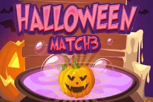 ハロウィンのカボチャが紫色の液体に浮かんでいるイラストと「HALLOWEEN MATCH3」の文字。