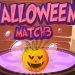 ハロウィンのカボチャが紫色の液体に浮かんでいるイラストと「HALLOWEEN MATCH3」の文字。