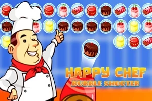 シェフが指差す泡の中にカップケーキやスイーツが描かれたカラフルな背景とタイトル。