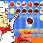 シェフが指差す泡の中にカップケーキやスイーツが描かれたカラフルな背景とタイトル。