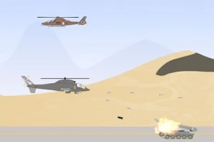 砂漠の風景を背景に2機のヘリコプターが上空を飛び、地上では戦車が爆発している場面。