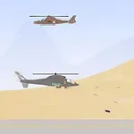 砂漠の風景を背景に2機のヘリコプターが上空を飛び、地上では戦車が爆発している場面。