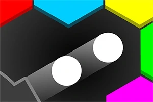 黒い背景にカラフルな六角形と2つの白い円が描かれています。