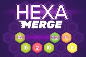紫の背景に「HEXA MERGE」というテキストと、数字が書かれたカラフルな六角形のピース。